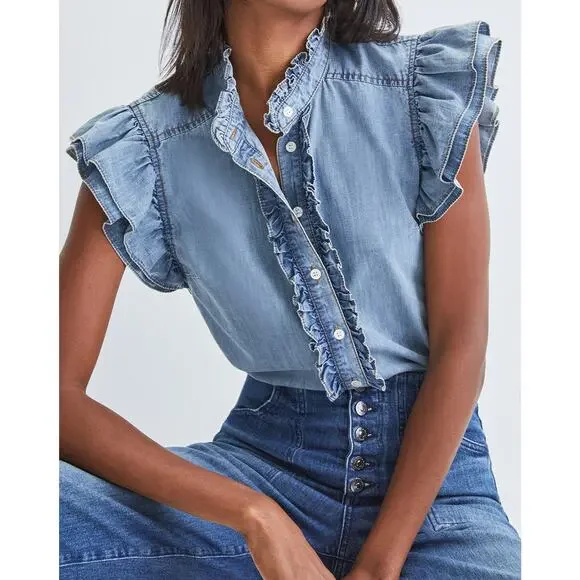 Veronica Beard 'Tenille' Blue Ruffled-Sleeve Shirt Size XS - Picture 1 of 4